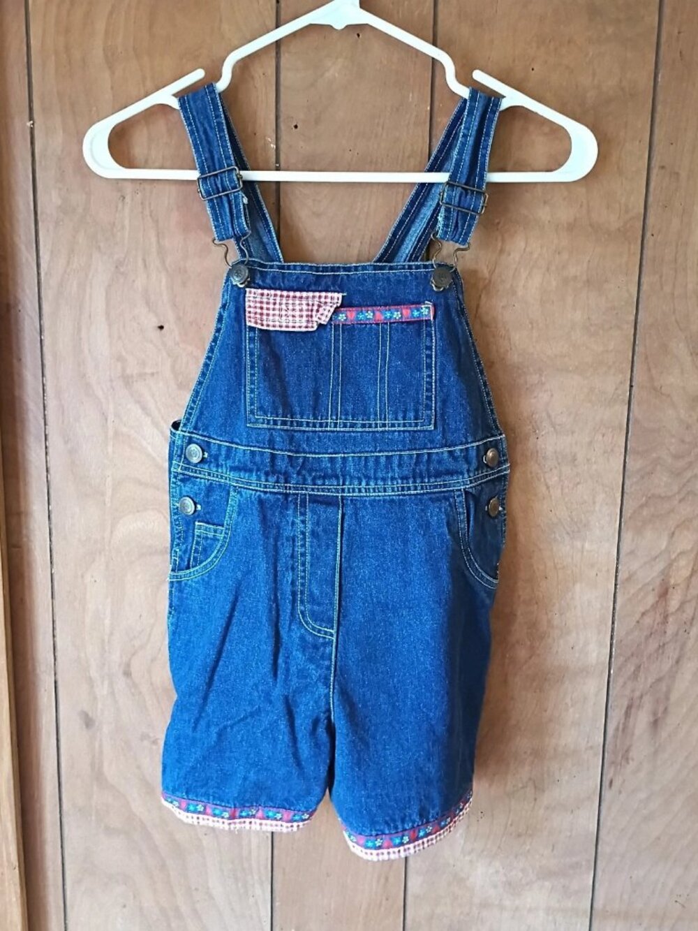 Vintage Rachel Kids Girls Denim Shortalls Overalls Size 6 Cotton Plaid Trim